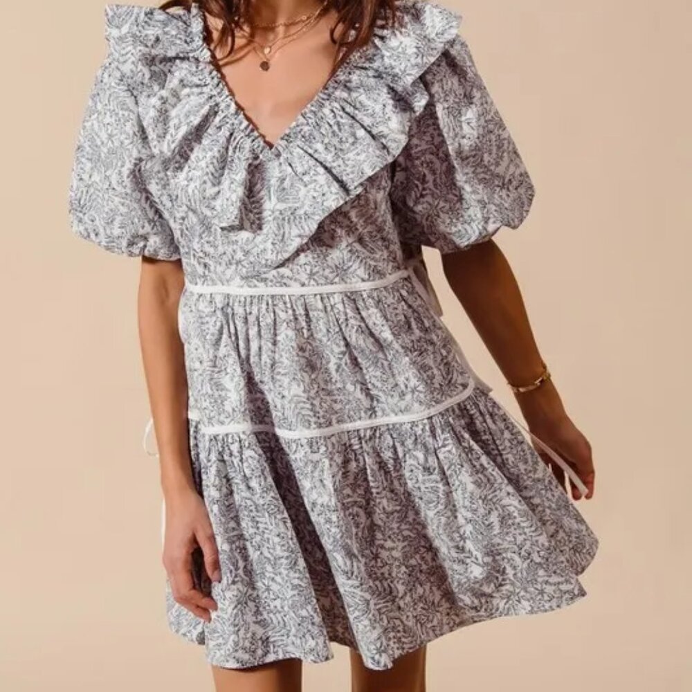 SO ME Cotton Printed Ruffle V Neckline Dress with Side‎ Tie